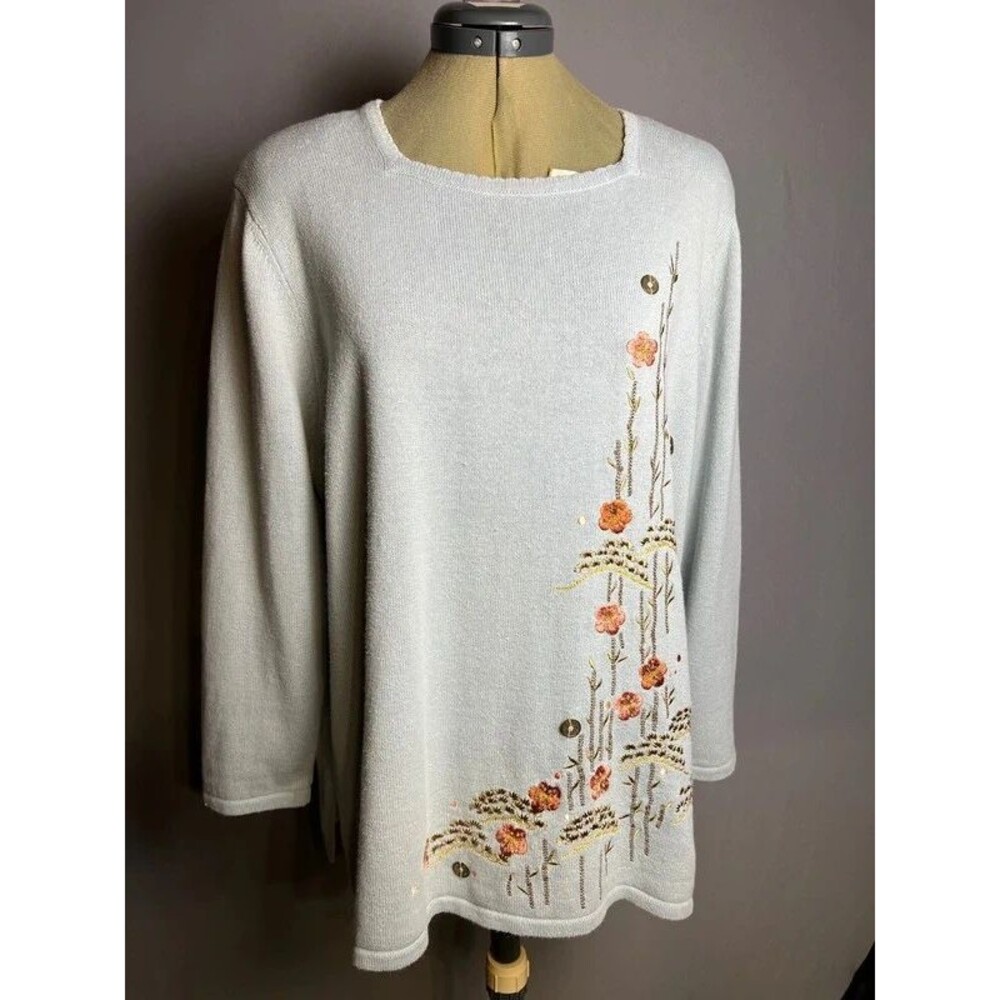 Alfred Dunner Women's Floral Embroidered Knit Sweater Light Blue Gray Size L